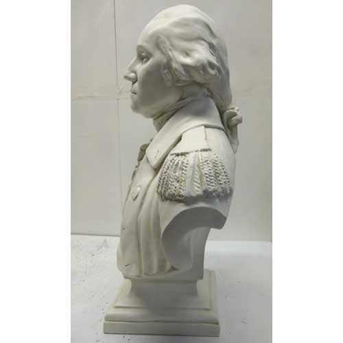 Classical old world European bust of a man in ornate military attire with ruffled cravat and detailed epaulets on shoulders. Other Angle