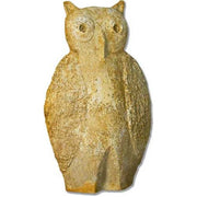 Owl statue with classical old world European style, featuring simple, stylized details and a weathered, rustic appearance.