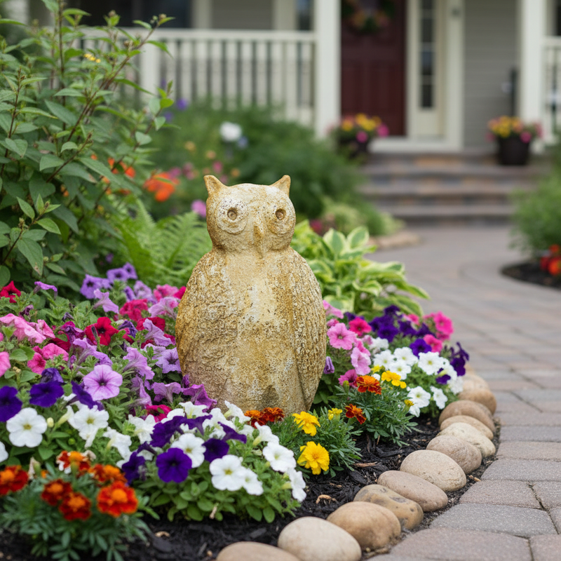 Owl statue with classical old world European style, featuring simple, stylized details and a weathered, rustic appearance. Side Angle