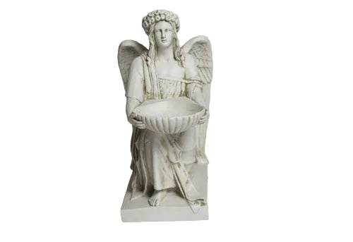 Kneeling angel with a serene facial expression and feathered wings, holding a large open shell bowl on a rectangular base.