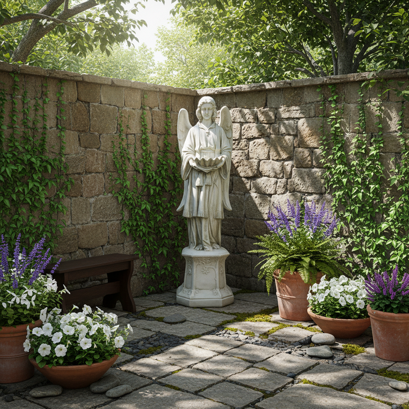 Angel With Scalloped Bowl Outdoor Statue (61 - Inch) Side Angle