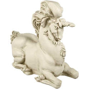 Baroque unicorn statue with ornate mane and tail, classical European style, featuring intricate detailing and a majestic pose.