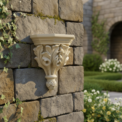 Ornate wall shelf with classical acanthus leaf motif and Baroque detailing, featuring old world European decorative style. Side Angle