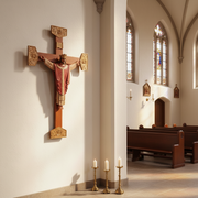 Crucifix with ornate, old world European design featuring a detailed, classical depiction of Christ and intricate carved accents. Side Angle