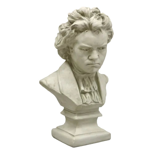 Classical European bust sculpture with ornate detailing, depicting a stern-faced man in Baroque-style attire and wavy hair.