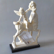 Centaur and cherub sculpture in classical Greek style with ornate, detailed features and dynamic, old world European composition. Side Angle