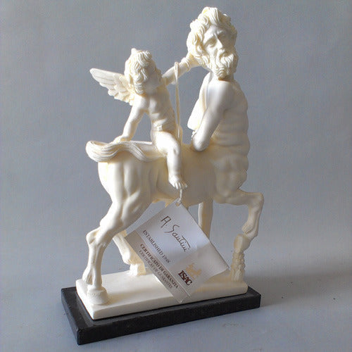 Centaur and cherub sculpture in classical Greek style with ornate, detailed features and dynamic, old world European composition. Side Angle