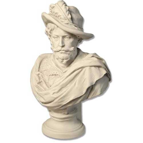 Baroque-style bust of a bearded man in a feathered hat and ornate draped cloak, featuring classical European detailing.