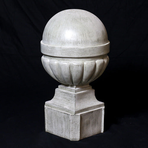 Ornate old world European finials with classical rounded tops and fluted bases, displayed in three graduated sizes on square pedestals. Other Angle
