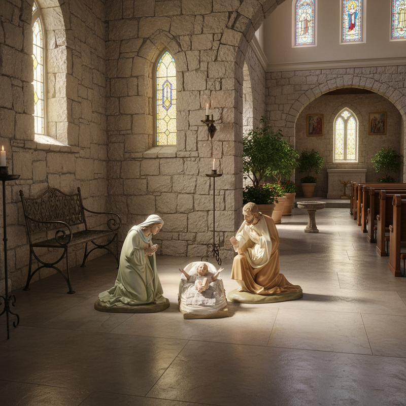 Mary, Joseph, and Baby Jesus in Manger Statue (22 - Inch) Side Angle