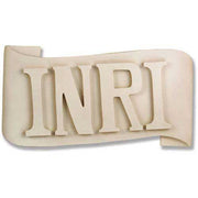 INRI plaque with bold, classical raised lettering on an ornate, scroll-shaped background in old world European style.