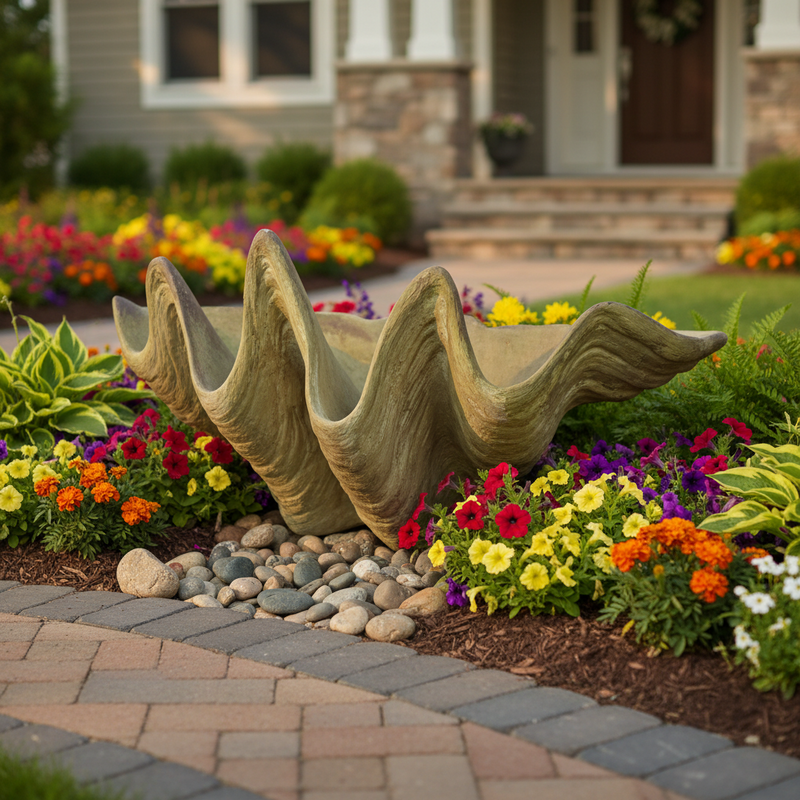 Clam Shell Planter Garden Statue (9 - Inch) Side Angle