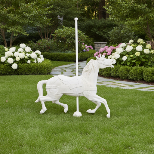 Carousel horse with ornate, classical detailing and flowing mane, inspired by old world European fairground style. Side Angle