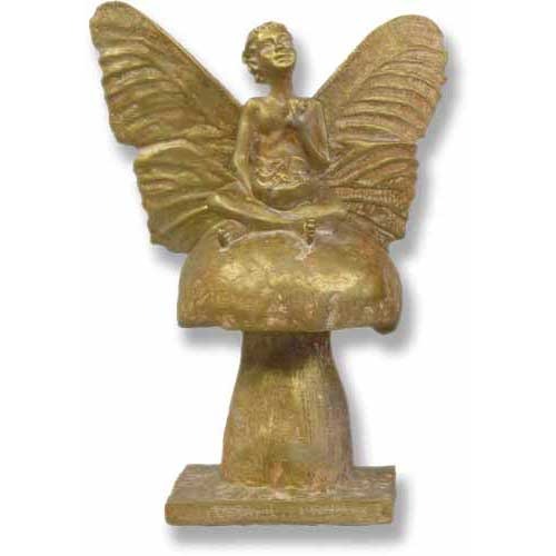 Fairy statue with large butterfly-style wings sitting atop a large mushroom on a flat rectangular base.