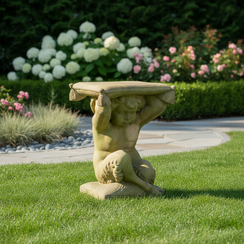 Pan Boy Holding Pillow Outdoor Statue (20 - Inch) Side Angle