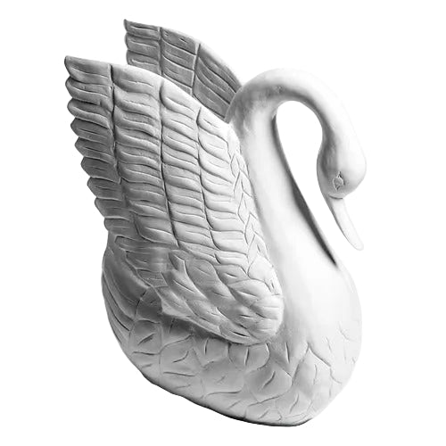 Swan sculpture with detailed feather carvings, classical European style, featuring an elegant curved neck and ornate wing design.