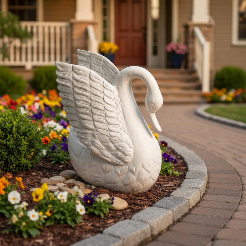 Swan sculpture with detailed feather carvings, classical European style, featuring an elegant curved neck and ornate wing design. Side Angle