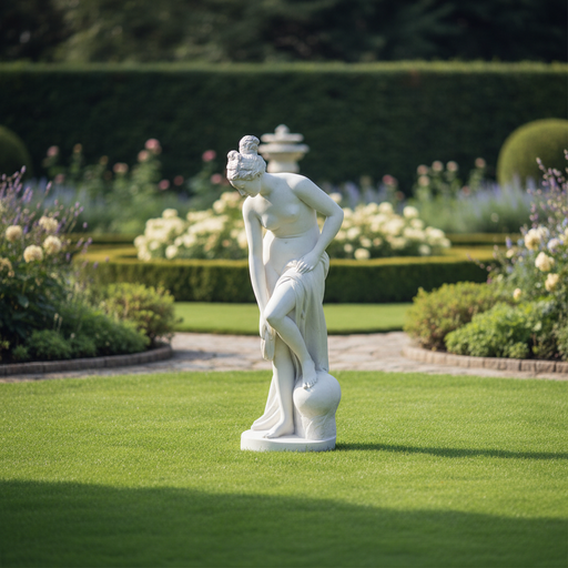Classical Greek-style female statue in a graceful pose, draped in flowing robes, with ornate detailing and elegant posture. Side Angle