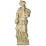 Classical Renaissance-style female statue holding a bouquet and basket, featuring ornate drapery and detailed facial expression.
