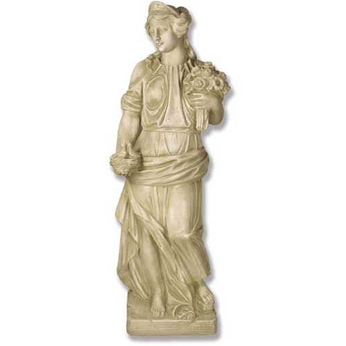 Classical Renaissance-style female statue holding a bouquet and basket, featuring ornate drapery and detailed facial expression.
