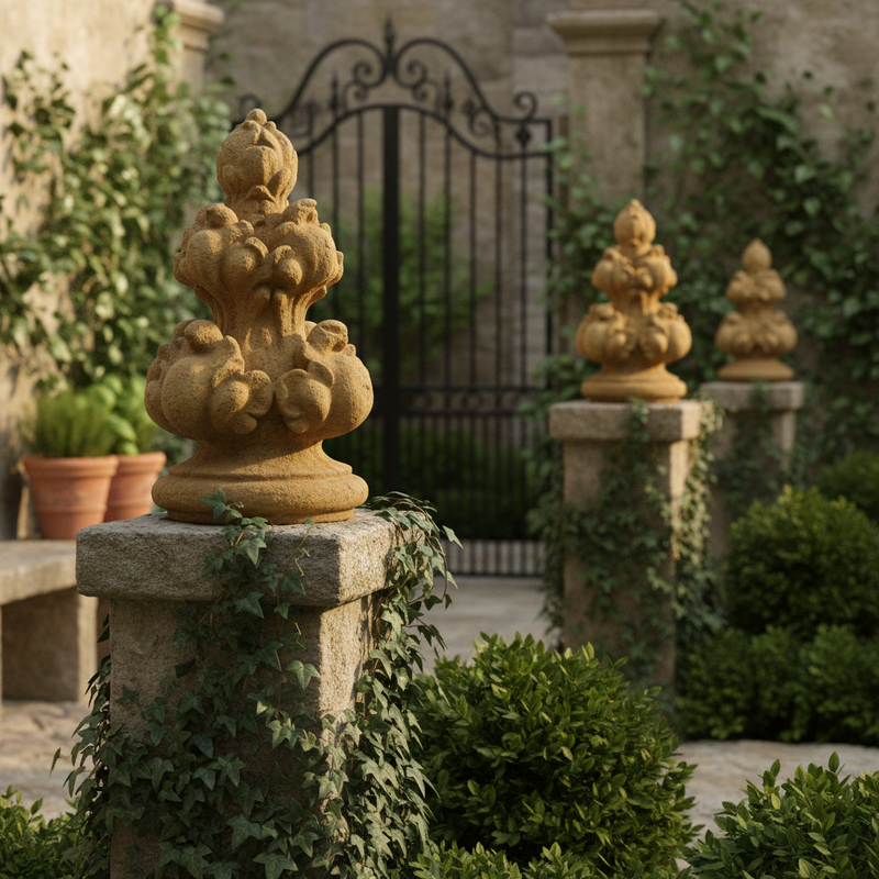 Ornate old world European finial with classical Baroque detailing and sculpted acanthus leaf motifs on a rounded base. Side Angle