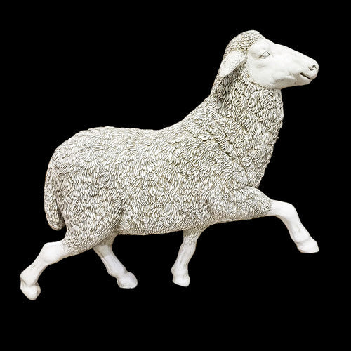 Baroque-style sheep sculpture with ornate, detailed wool texture and classical, lifelike pose reminiscent of old world European art. Side View