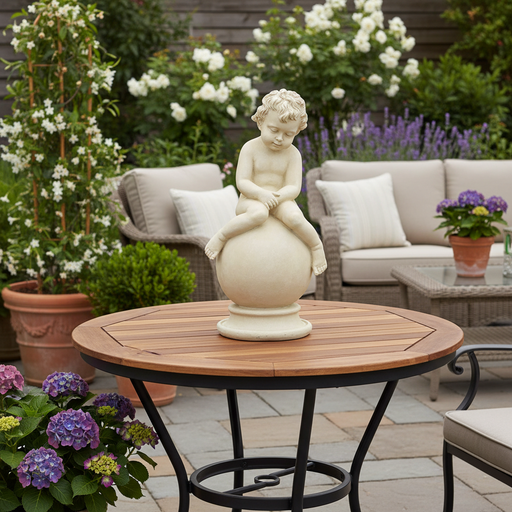 Cherub on Sphere base. Outdoor Statue (18 - Inch) Side Angle
