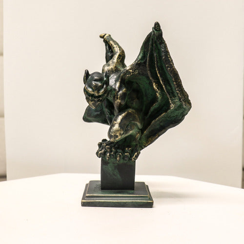 Gothic gargoyle statue with outstretched wings and crouching pose on a square pedestal, featuring ornate medieval detailing. Side View