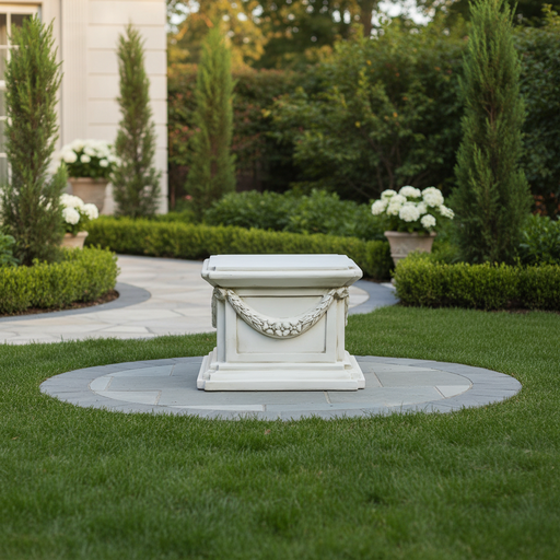 Classical pedestal with ornate garland detailing, square base, and stepped edges in an old world European architectural style. Side Angle