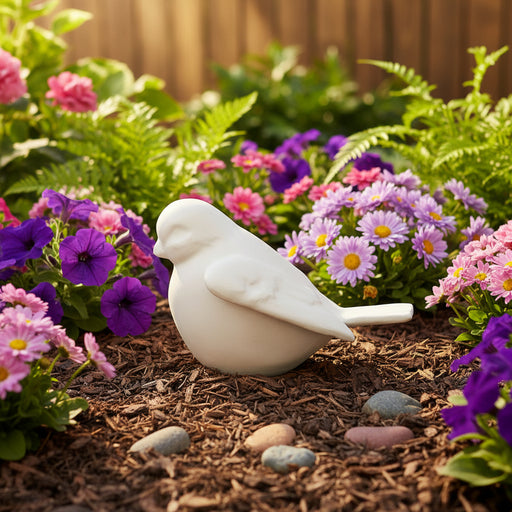 Sculpted bird figurine with classical European style, featuring smooth, rounded lines and subtle, ornate detailing. Side Angle