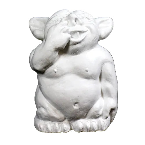 Whimsical medieval-style troll statue with exaggerated features, rounded belly, and playful expression, inspired by old world European folklore.