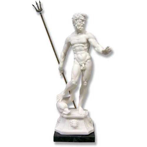 Neptune statue in classical Renaissance style, holding a trident, standing on a pedestal with ornate detailing and a dolphin figure.