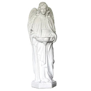 Standing angel with large wings holding a shallow bowl.