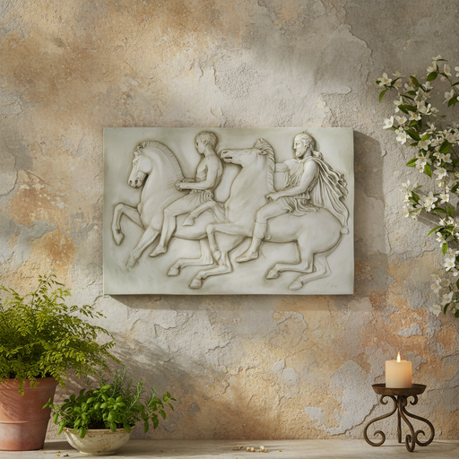 Classical Greek bas-relief showing two riders on horseback, featuring ornate, detailed figures in an ancient, old world European style. Side Angle