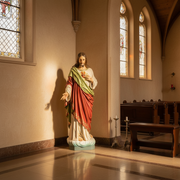Sacred Heart of Jesus statue in classical Renaissance style, ornate robes, detailed facial features, standing on a cloud base. Side Angle