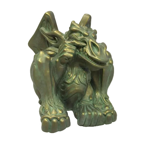 Gargoyle statue with fierce expression, crouched posture, ornate detailing, and old world European Gothic style features.