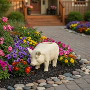 Pig-shaped planter with classical old world European style, featuring smooth, rounded contours and subtle, ornate detailing. Side Angle
