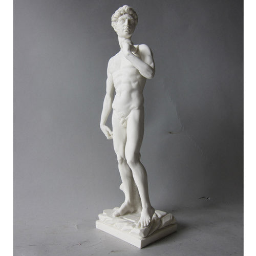 Classical Renaissance male statue with detailed anatomy, standing in contrapposto pose, inspired by old world European sculpture. Side View