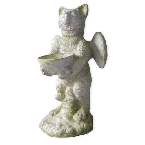 Whimsical cat angel statue holding a shallow bowl with small wings. Outdoor Statue (21 - Inch) Side View