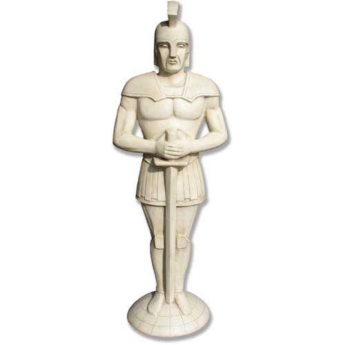 Classical Greek warrior statue in ornate armor and helmet, standing upright with hands resting on a sword, old world European style.