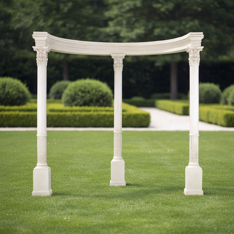 Classical Greek archway with four fluted columns, ornate Corinthian capitals, and an elegant curved entablature. Side Angle