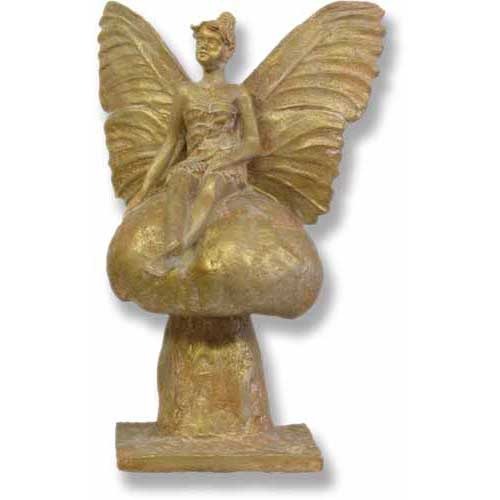 Fairy statue with large butterfly-style wings sitting atop a large mushroom on a flat rectangular base.