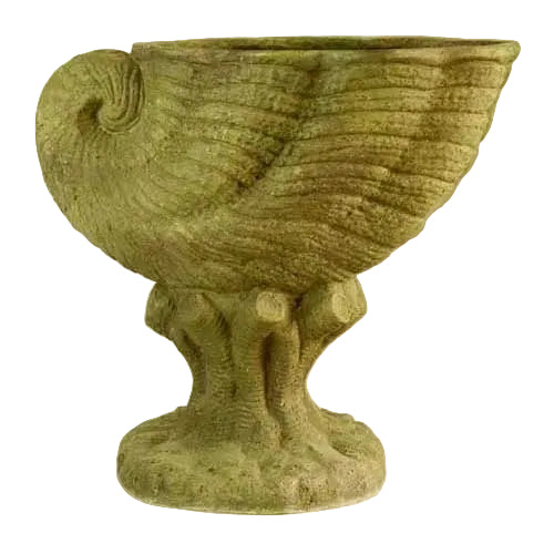 Ornate old world European shell-shaped chalice with classical pedestal base and intricate carved detailing