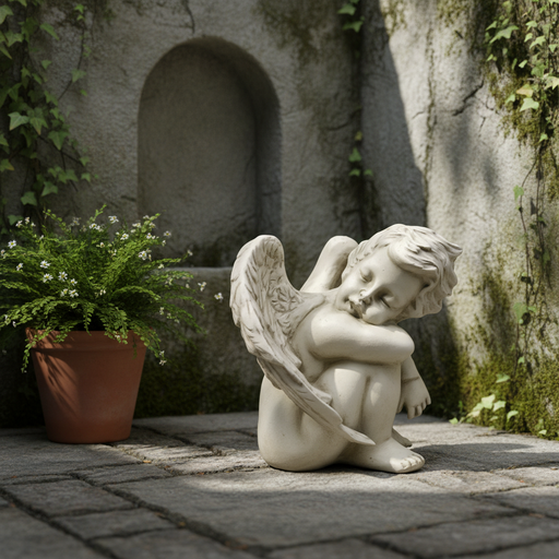 Sleeping cherub statue with detailed wings, curled pose, and classical old world European style, evoking Renaissance and Baroque themes. Side Angle