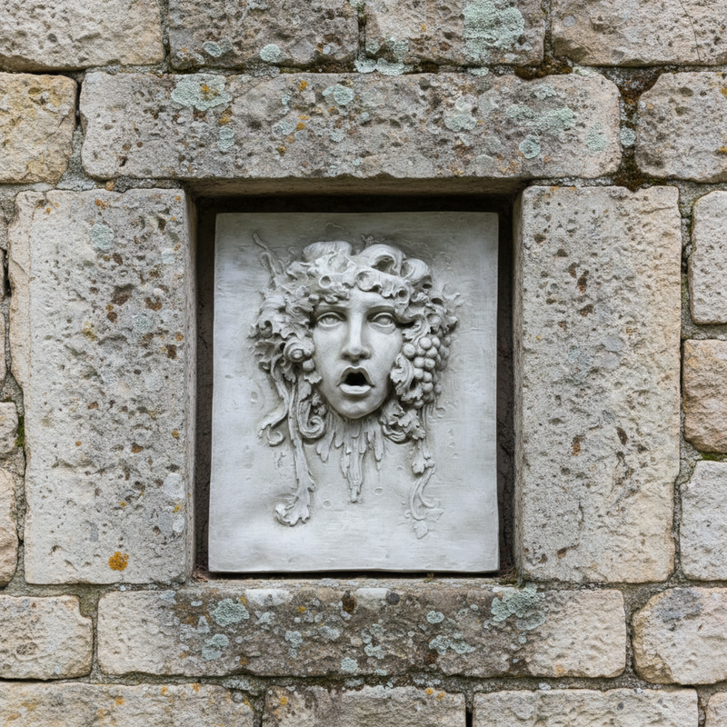 Medusa wall plaque with classical Greek and ornate Baroque detailing, featuring flowing hair, grape clusters, and expressive facial features Side Angle