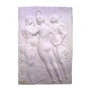 Classical bas-relief panel depicting three women in flowing robes, inspired by Renaissance and old world European artistry.