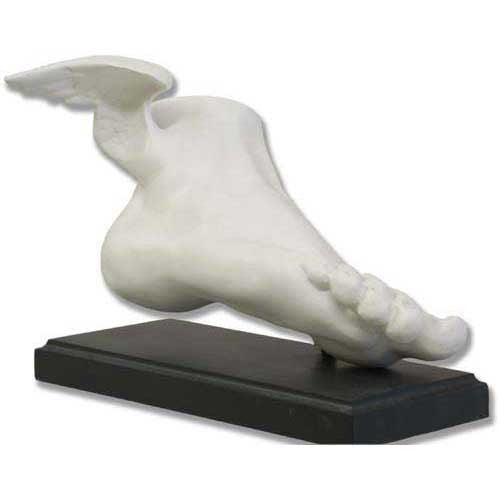 Winged classical foot sculpture on a rectangular base, inspired by Greek and Renaissance art with mythological details.