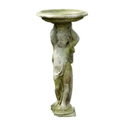 Cherub pedestal birdbath with ornate old world European detailing and classical Renaissance-inspired sculptural design.