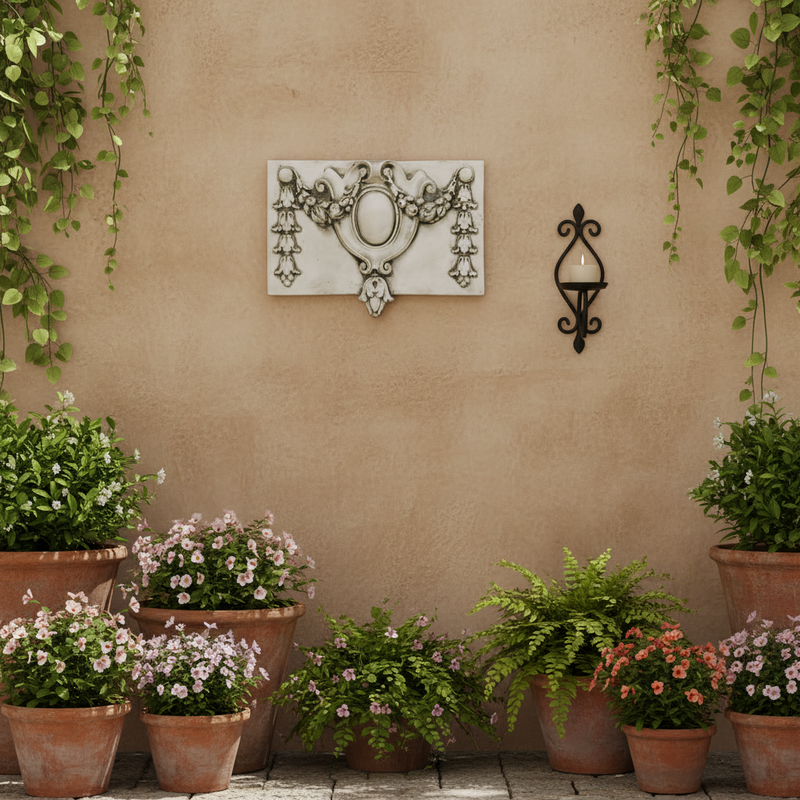 Ornate Baroque-style wall plaque with central oval medallion, floral garlands, and classical scrollwork detailing. Side Angle