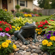 Frog sculpture with smooth, rounded features in an old world European style, evoking classical and Renaissance influences. Side Angle